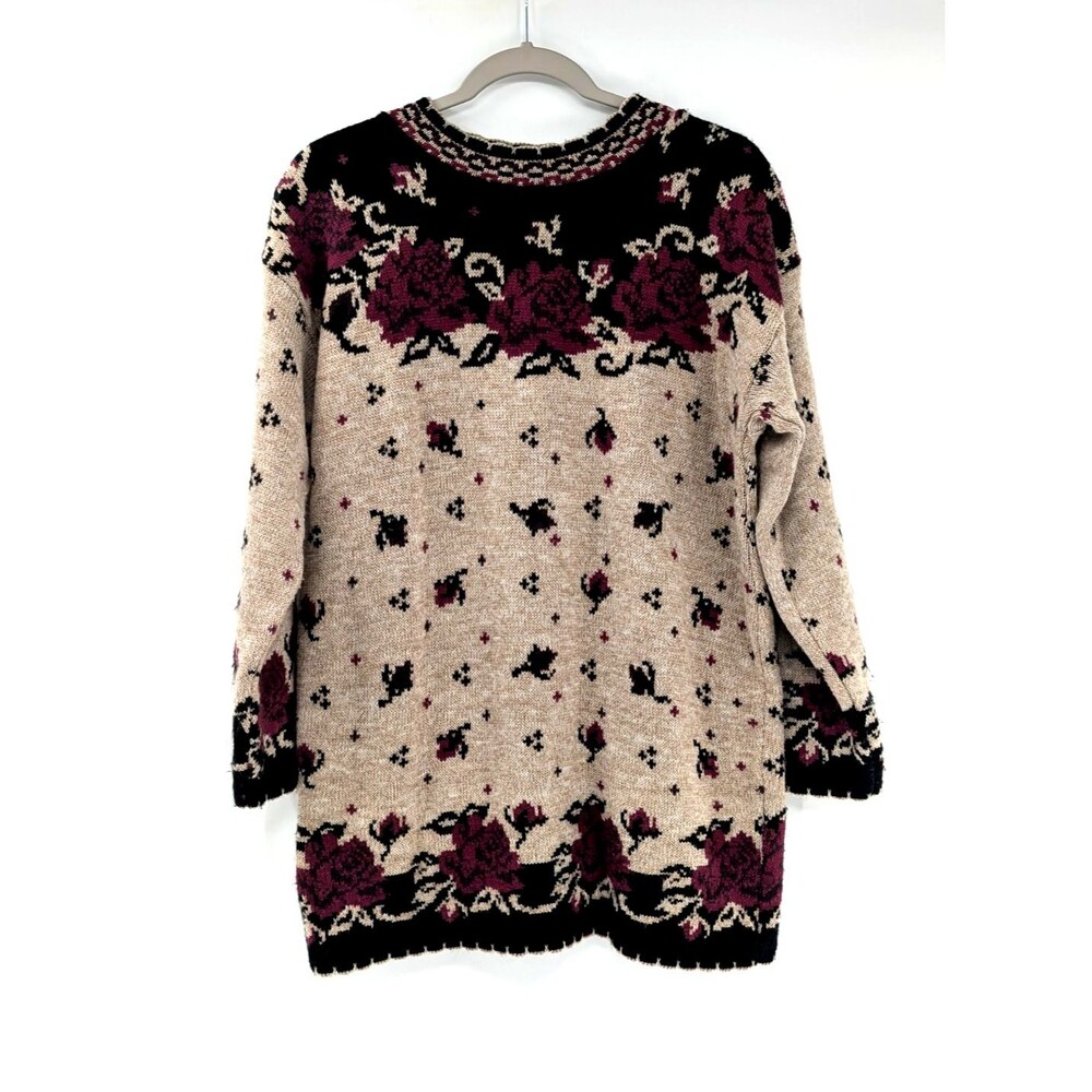 Rose Floral Knit Acrylic Classic Elements Vintage Oversized Cottage Sweater Med